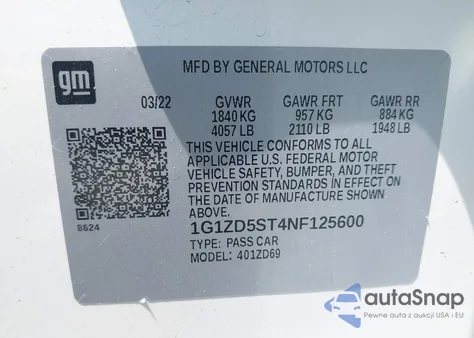 2022 Chevrolet Malibu Fwd Lt z USA, uszkodzony, nr VIN 1G1ZD5ST4NF125600